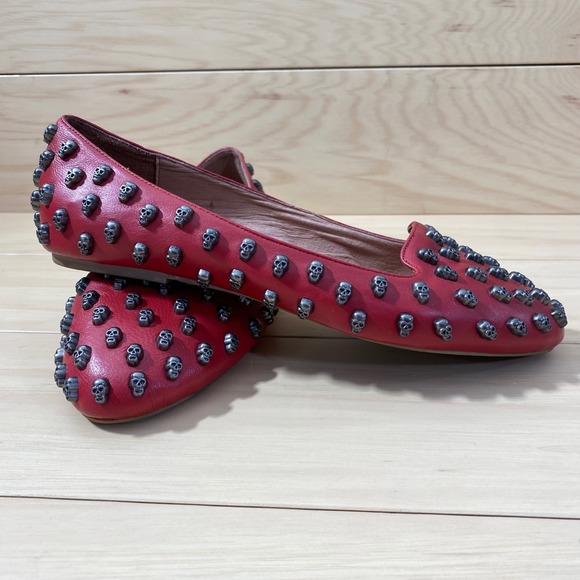 Jeffrey Campbell Shoes - Jeffrey Campbell Ibiza Last Flats Women 10 Red Leather Gunmetal Skull Studded
